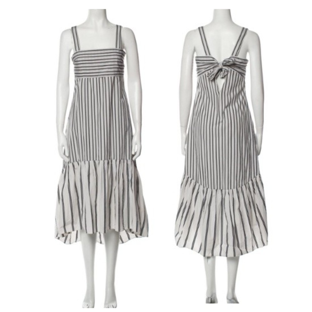 Theory Ventura Stripe Tie Back Open Back Cotton Midi Dress XS-S Grey White NWT